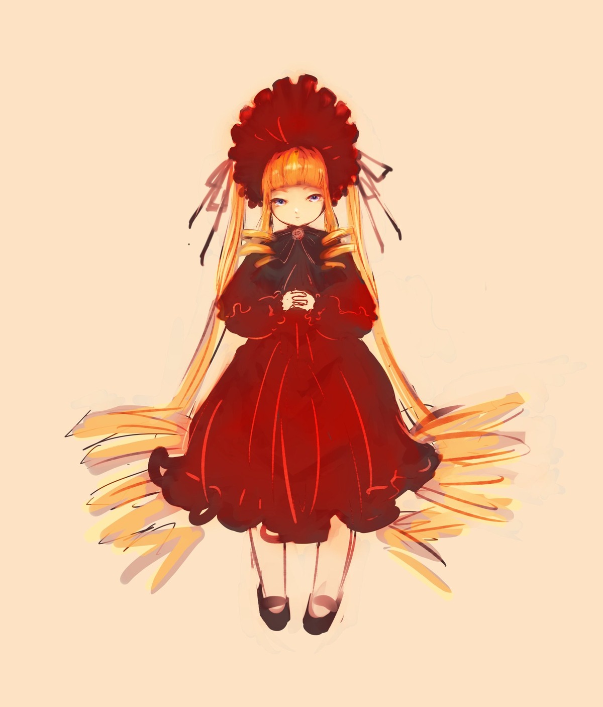 1girl bangs blonde_hair blue_eyes bonnet dress full_body image long_hair long_sleeves looking_at_viewer red_dress shinku shoes simple_background solo standing very_long_hair