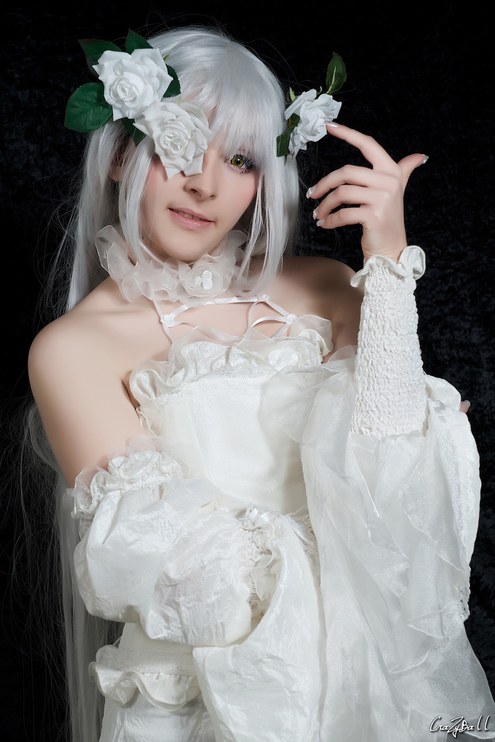 1girl bare_shoulders dress eyepatch flower hair_flower hair_ornament kirakishou lips long_hair rose signature solo white_flower white_rose