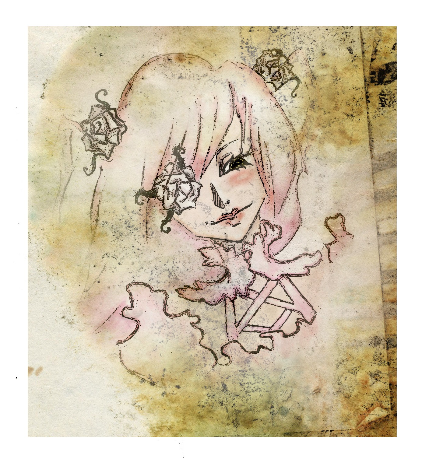 1girl crown flower hair_flower hair_ornament image kirakishou lips short_hair smile solo traditional_media