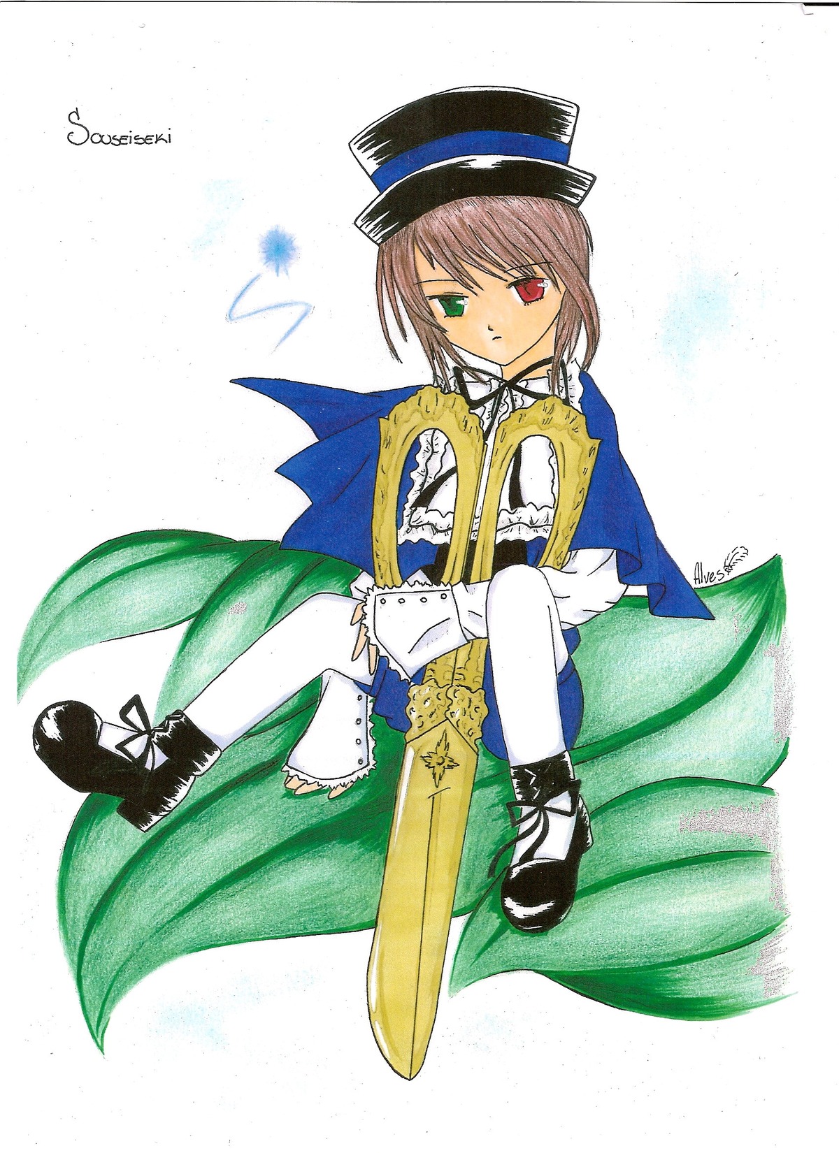 1girl artist_name brown_hair cape dress frills full_body green_eyes hat heterochromia image long_sleeves looking_at_viewer red_eyes short_hair sitting solo souseiseki top_hat twitter_username white_legwear