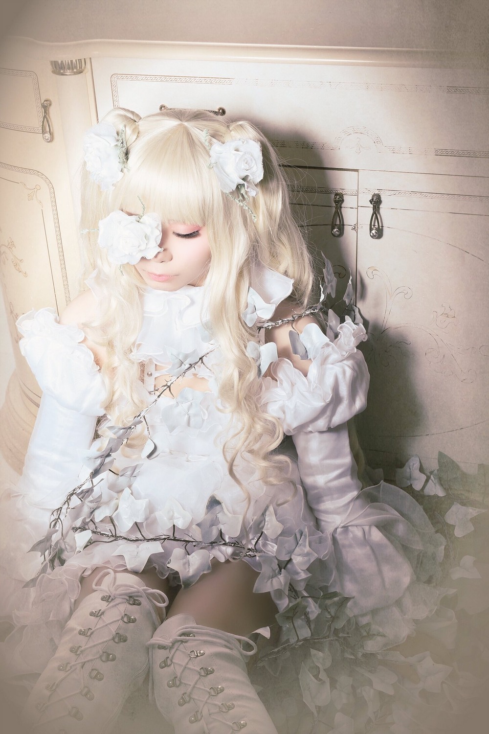 1girl bangs blonde_hair closed_eyes dress flower hair_flower hair_ornament kirakishou lips long_hair sitting solo white_dress white_flower white_rose white_theme