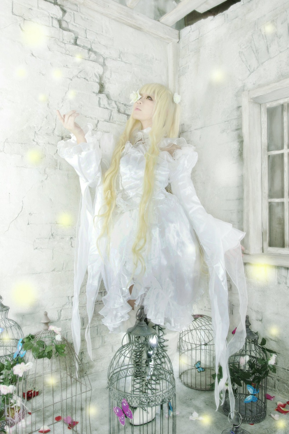1girl blonde_hair bug dress flower kirakishou long_hair long_sleeves solo standing water white_dress wide_sleeves