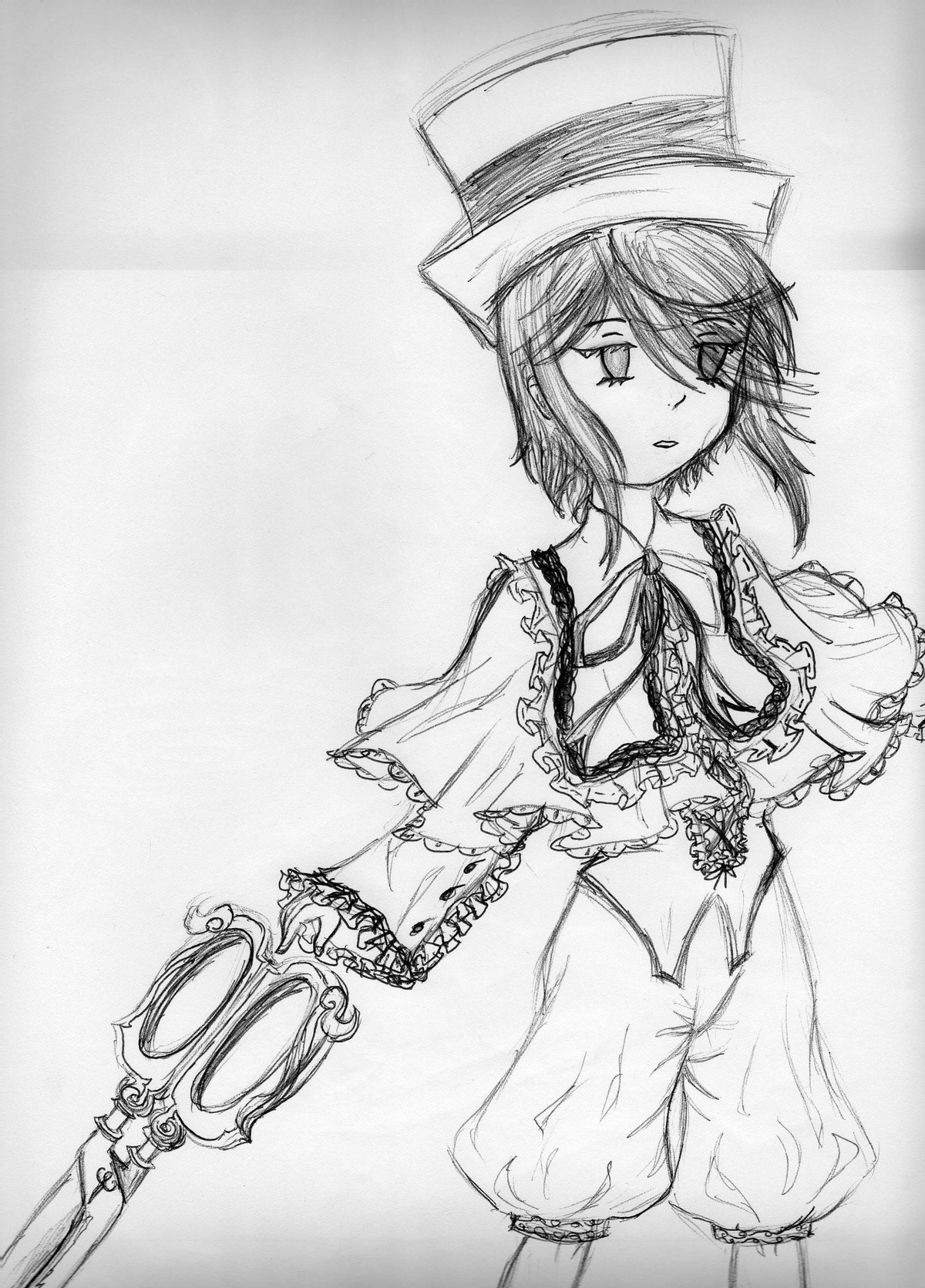 1girl breasts capelet frills greyscale hat image looking_at_viewer monochrome nagae_iku ribbon short_hair solo souseiseki traditional_media