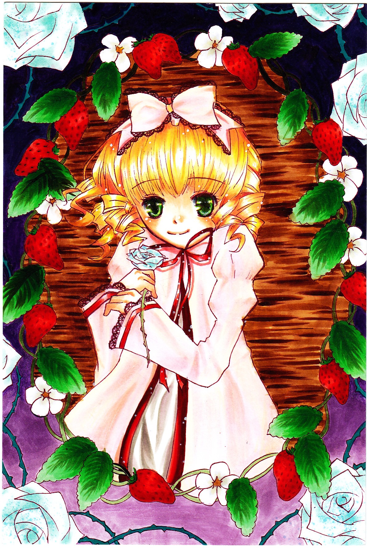 1girl apple blonde_hair bow camellia cherry drill_hair flower food fruit grapes green_eyes hair_ribbon hinaichigo holding_fruit image looking_at_viewer orange ribbon short_hair smile solo strawberry