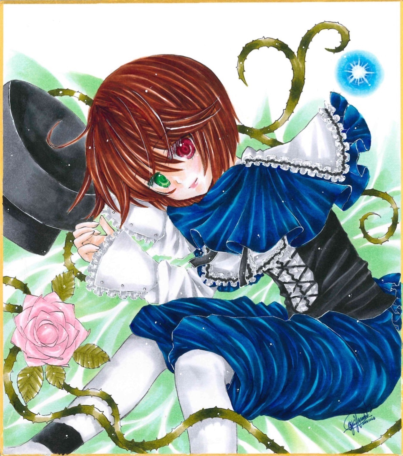 1girl ahoge brown_hair capelet flower frills green_eyes hat heterochromia image long_sleeves marker_(medium) pink_flower pink_rose red_eyes rose shikishi short_hair smile solo souseiseki thorns top_hat traditional_media