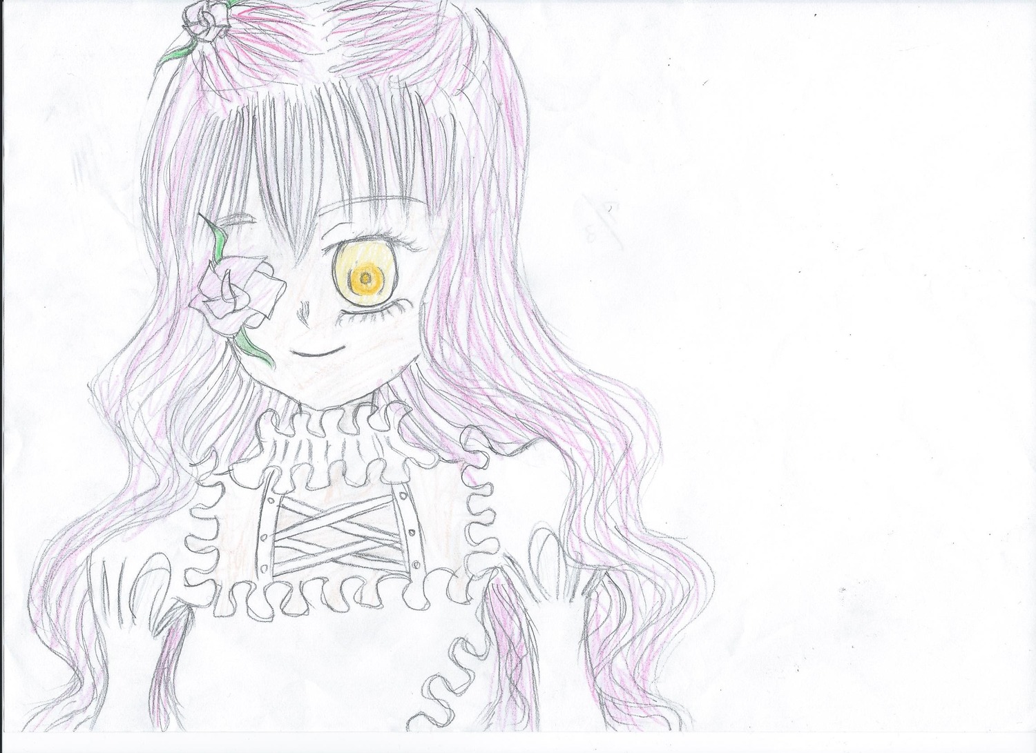 1girl dress flower hijiri_byakuren image kirakishou long_hair looking_at_viewer simple_background smile solo traditional_media yellow_eyes