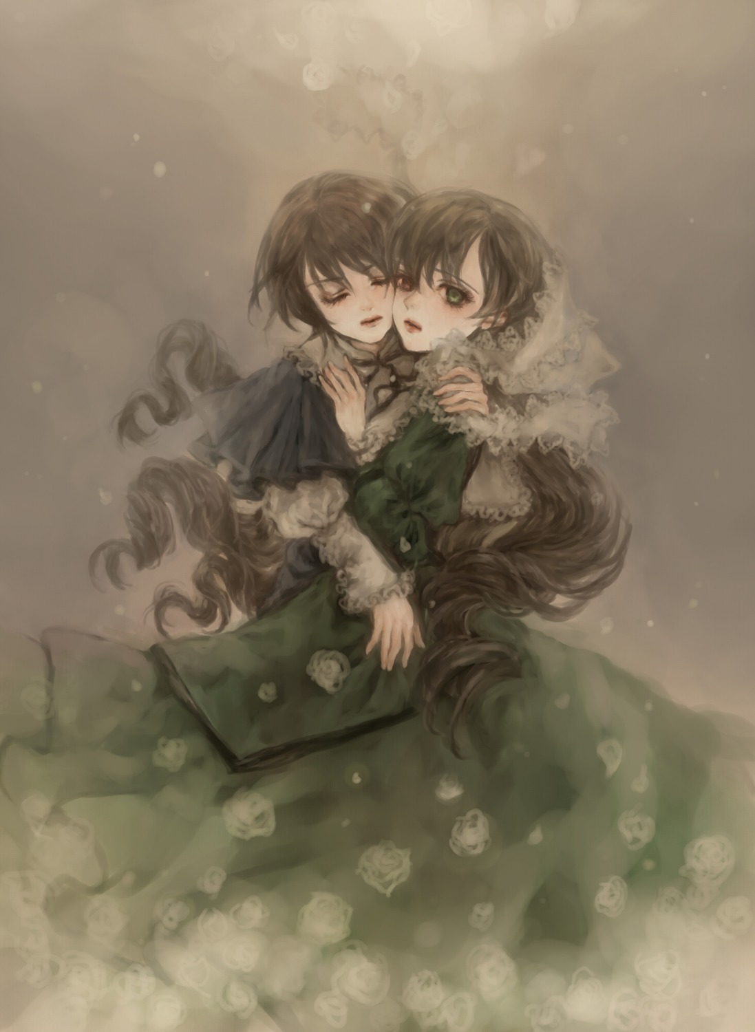 2girls brown_hair closed_eyes commentary_request dress flower frills green_dress green_eyes heterochromia highres hug image long_hair long_sleeves multiple_girls pair rose rozen_maiden short_hair siblings sisters souseiseki suiseiseki twins very_long_hair white_rose yukishiro_(hitsuji) yuri