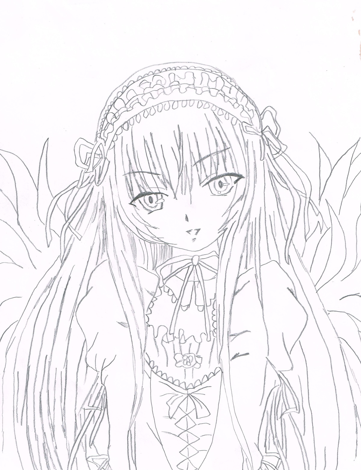 1girl dress frills greyscale hairband image juliet_sleeves long_hair long_sleeves looking_at_viewer monochrome puffy_sleeves ribbon simple_background solo suigintou upper_body very_long_hair white_background wings