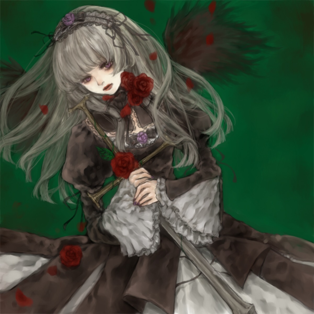 1girl black_wings commentary_request doll dress flower gothic_lolita grey_hair hairband highres image lipstick lolita_fashion lolita_hairband long_hair makeup nail_polish petals purple_eyes red_flower red_rose rose rose_petals rozen_maiden solo suigintou sword weapon wings yukishiro_(hitsuji)