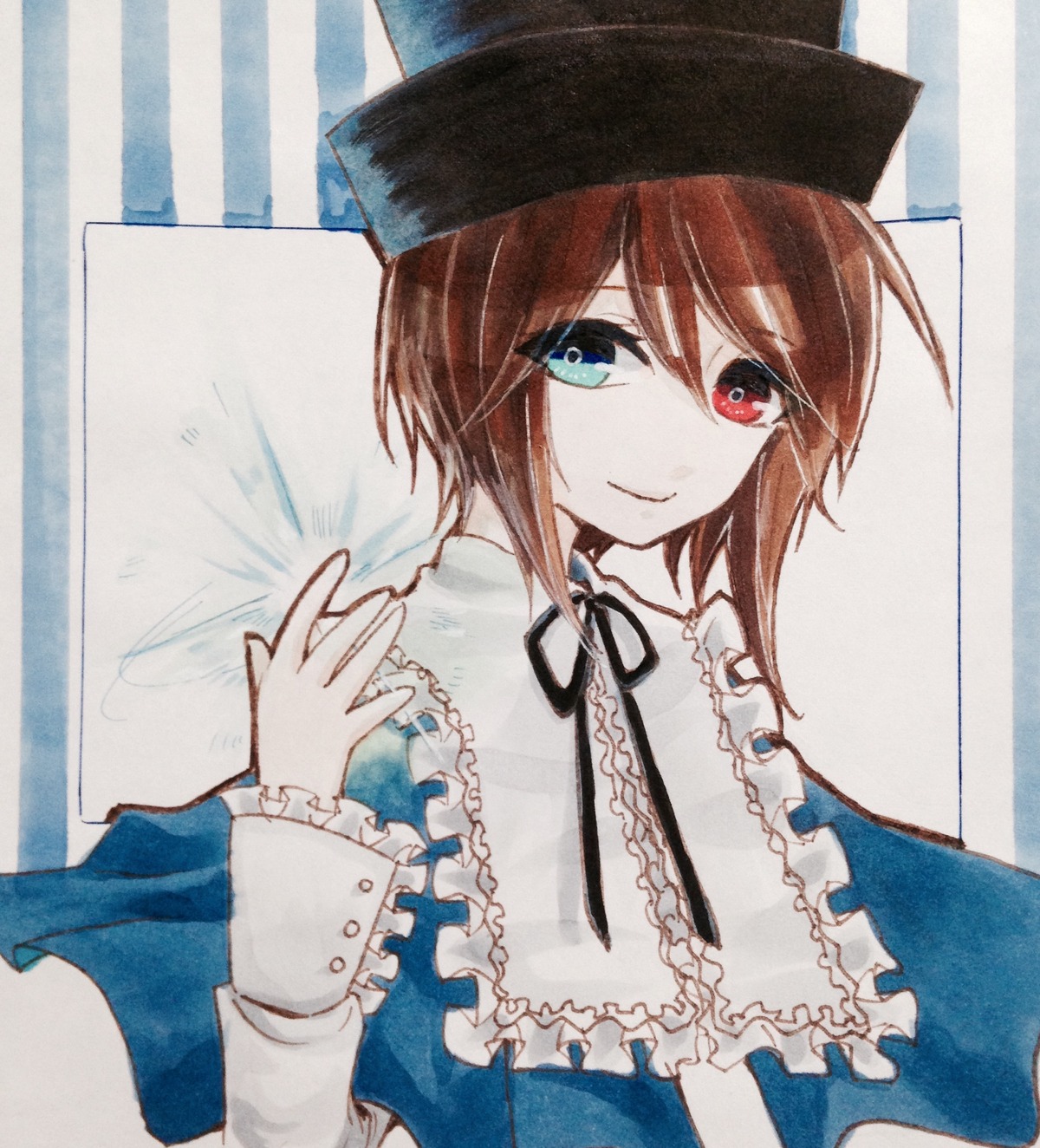 1girl blue_eyes brown_hair capelet hat heterochromia image long_sleeves looking_at_viewer marker_(medium) millipen_(medium) photo red_eyes shikishi short_hair smile solo souseiseki traditional_media upper_body