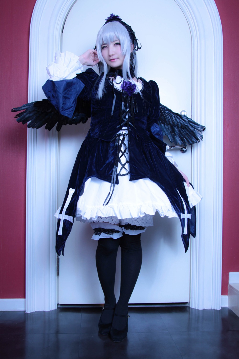 1girl bangs black_dress black_legwear closed_eyes curtains dress frills full_body gothic_lolita lolita_fashion long_sleeves solo standing suigintou thighhighs