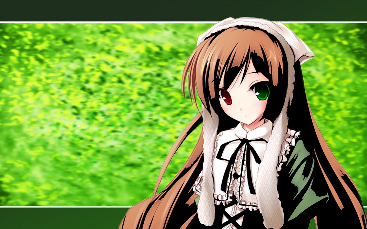 1girl black_ribbon blush brown_hair dress frills green_eyes heterochromia image letterboxed long_hair long_sleeves looking_at_viewer red_eyes ribbon solo suiseiseki very_long_hair