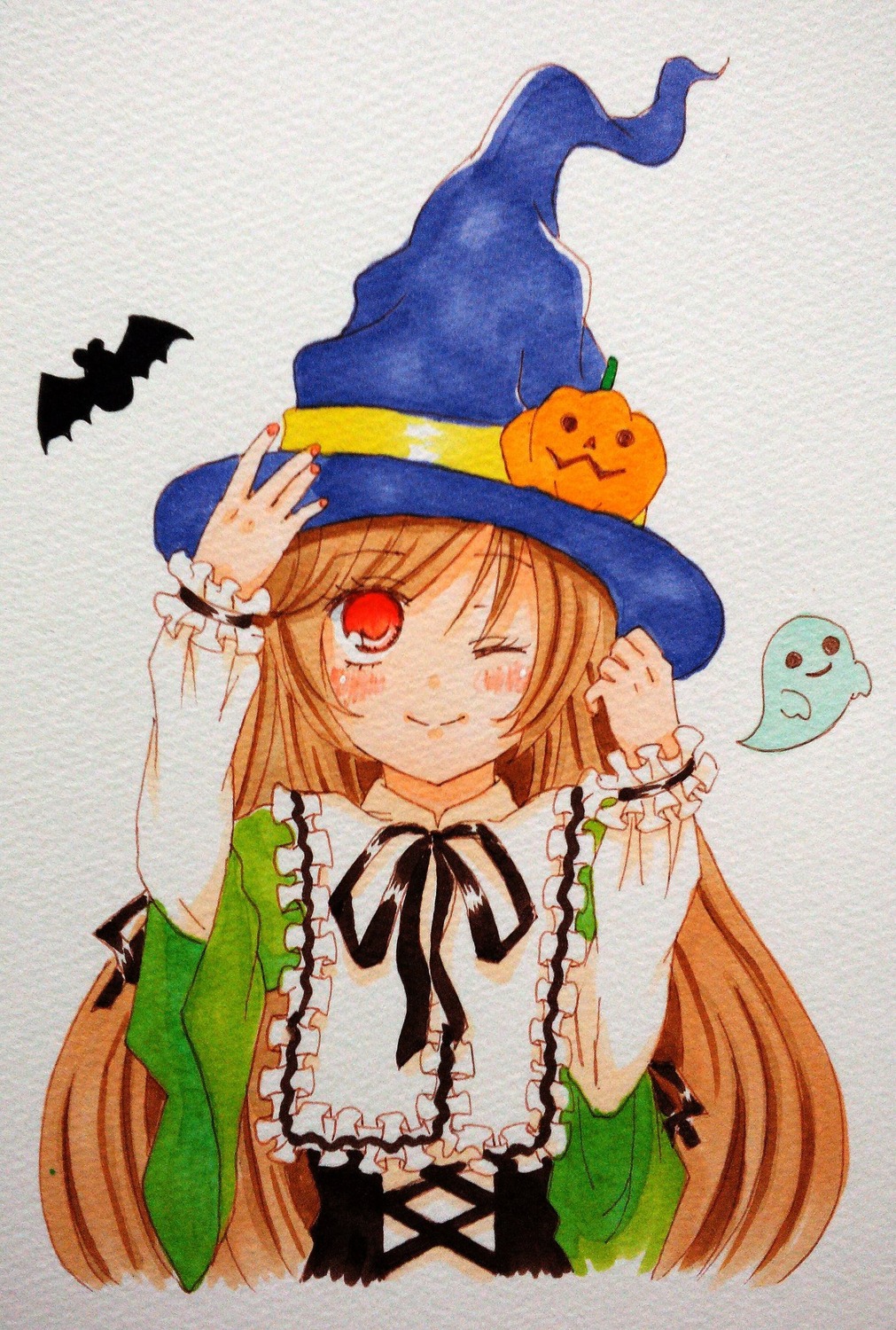 1girl bat dress ghost halloween hat image jack-o'-lantern long_hair long_sleeves one_eye_closed pumpkin pumpkin_hair_ornament red_eyes smile solo suiseiseki traditional_media witch_hat