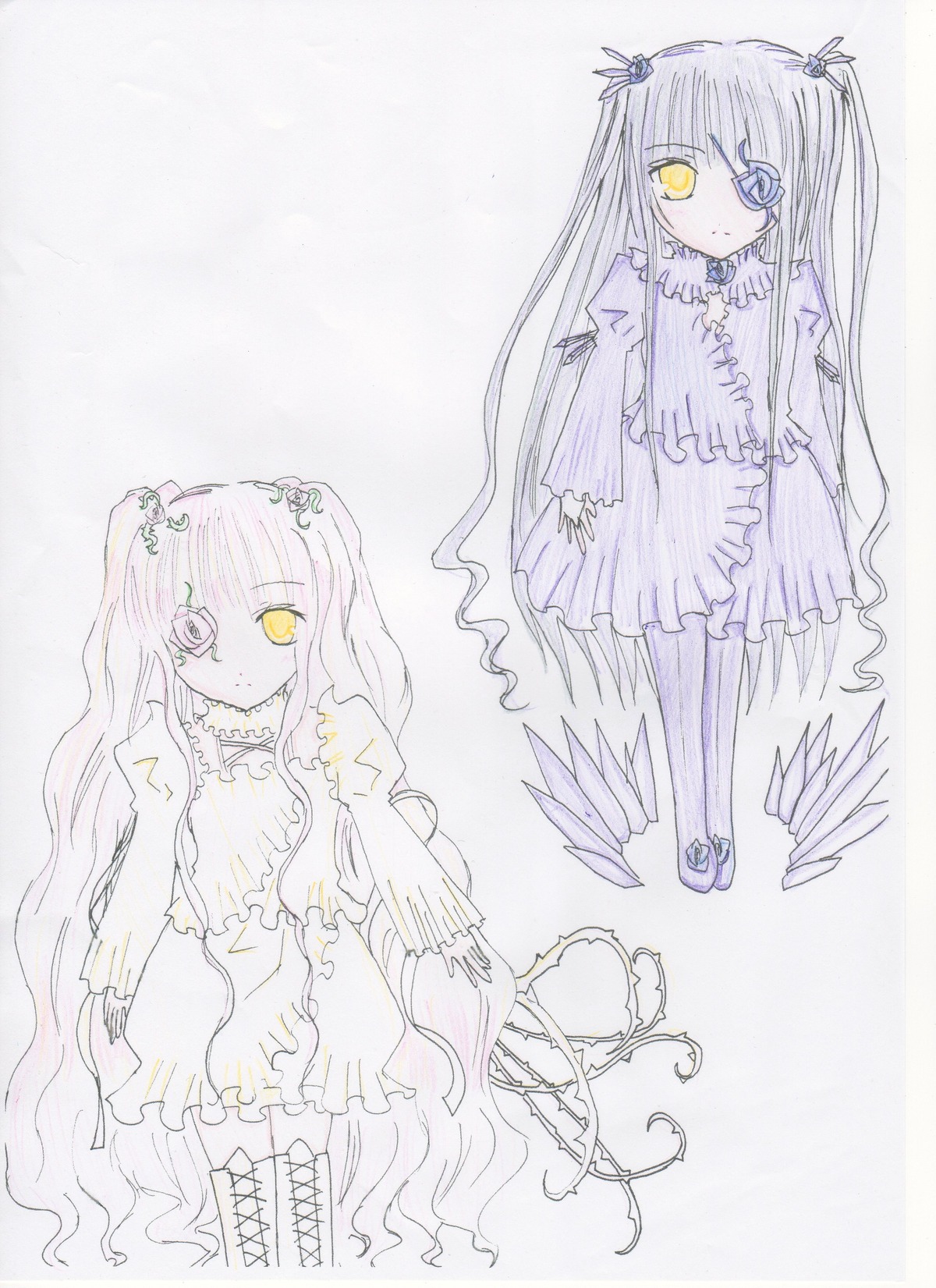 1girl barasuishou dress frills image kirakishou long_hair long_sleeves pair standing traditional_media very_long_hair yellow_eyes