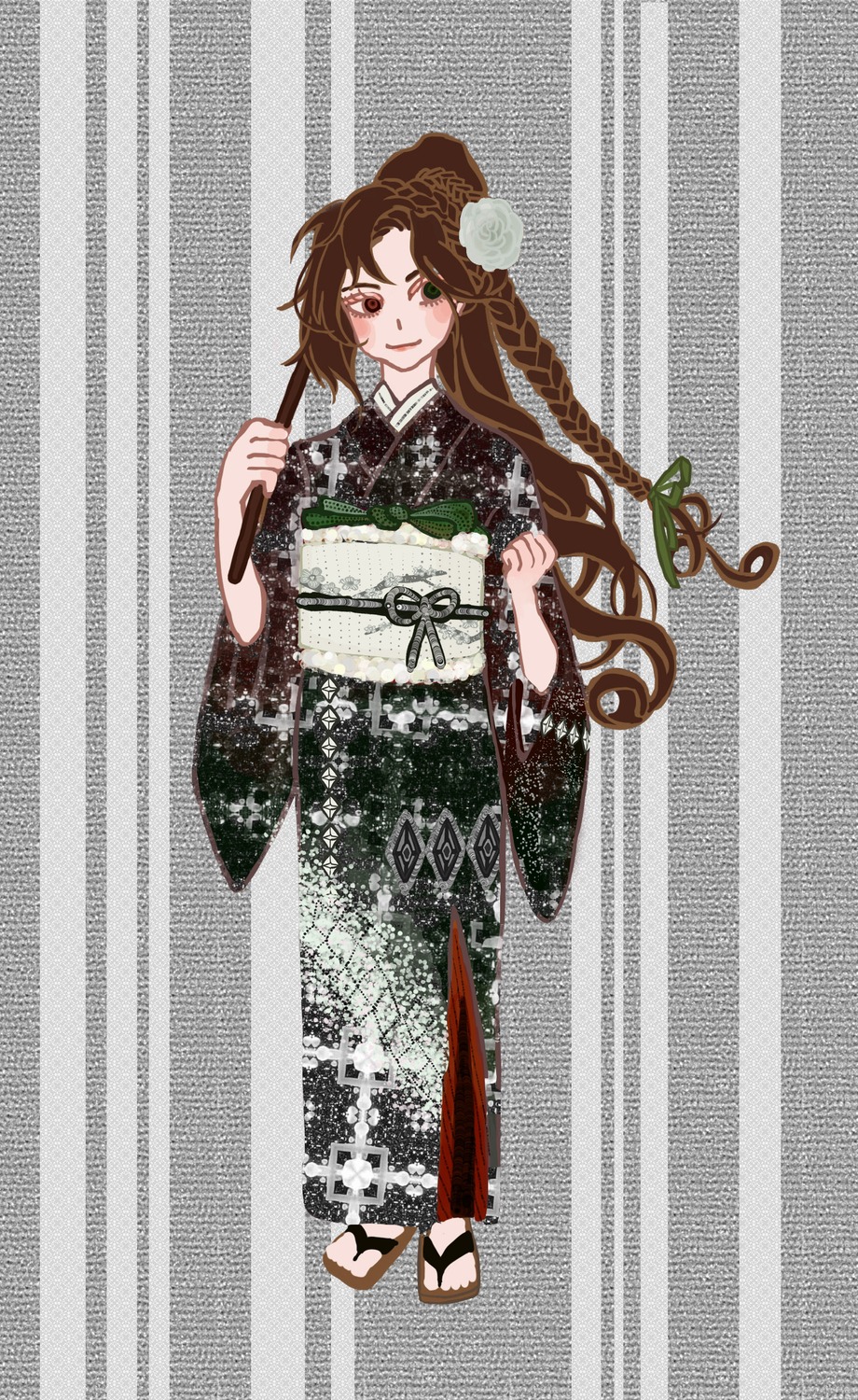 1girl braid brown_hair flower full_body green_eyes hair_flower hair_ornament image japanese_clothes kimono long_hair looking_at_viewer smile solo suiseiseki twin_braids wide_sleeves