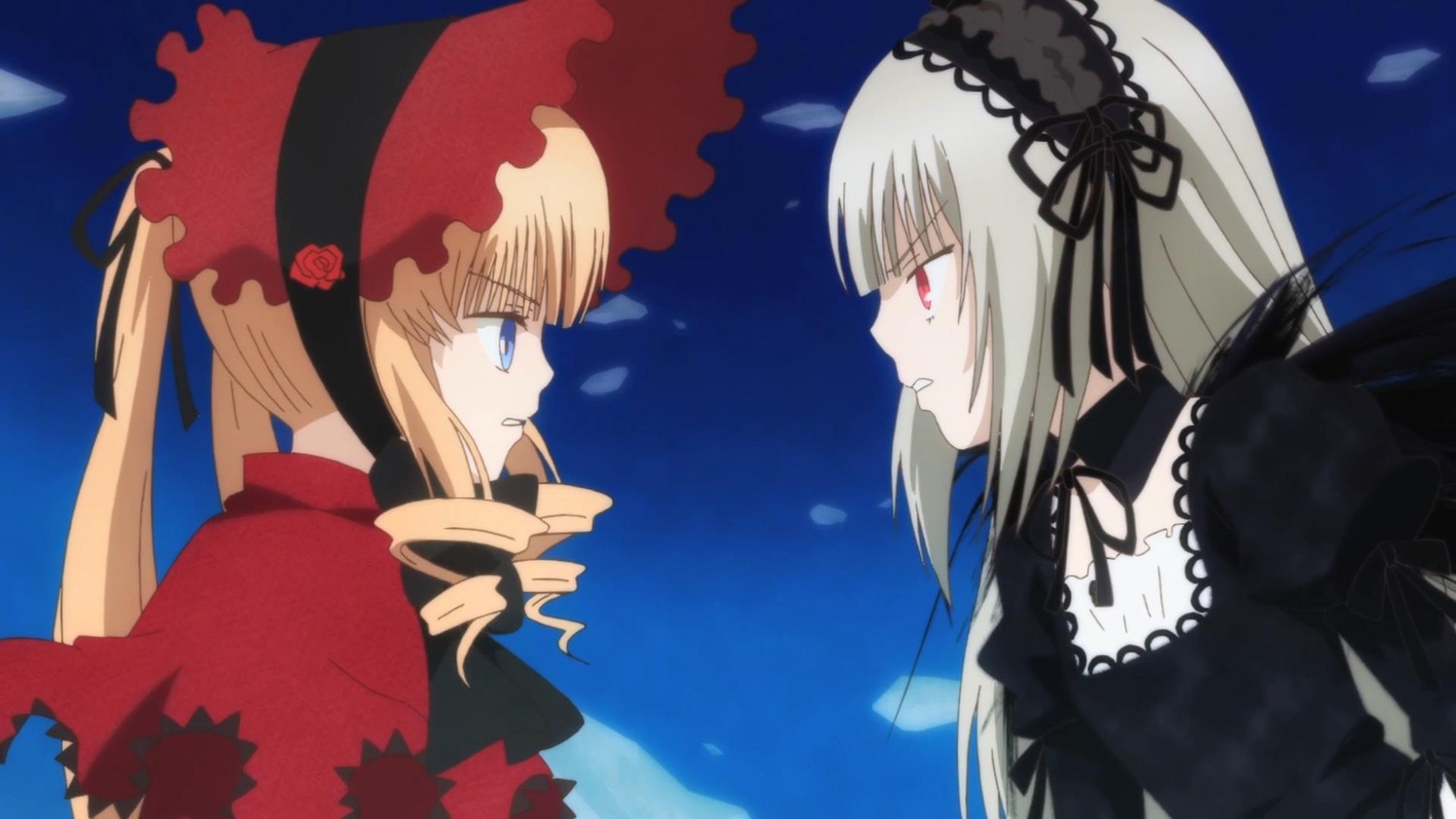 2girls black_wings blonde_hair blue_eyes bonnet dress drill_hair eye_contact face-to-face flower hairband image lolita_hairband long_hair long_sleeves looking_at_another multiple_girls pair red_eyes rose shinku silver_hair smile suigintou yuri