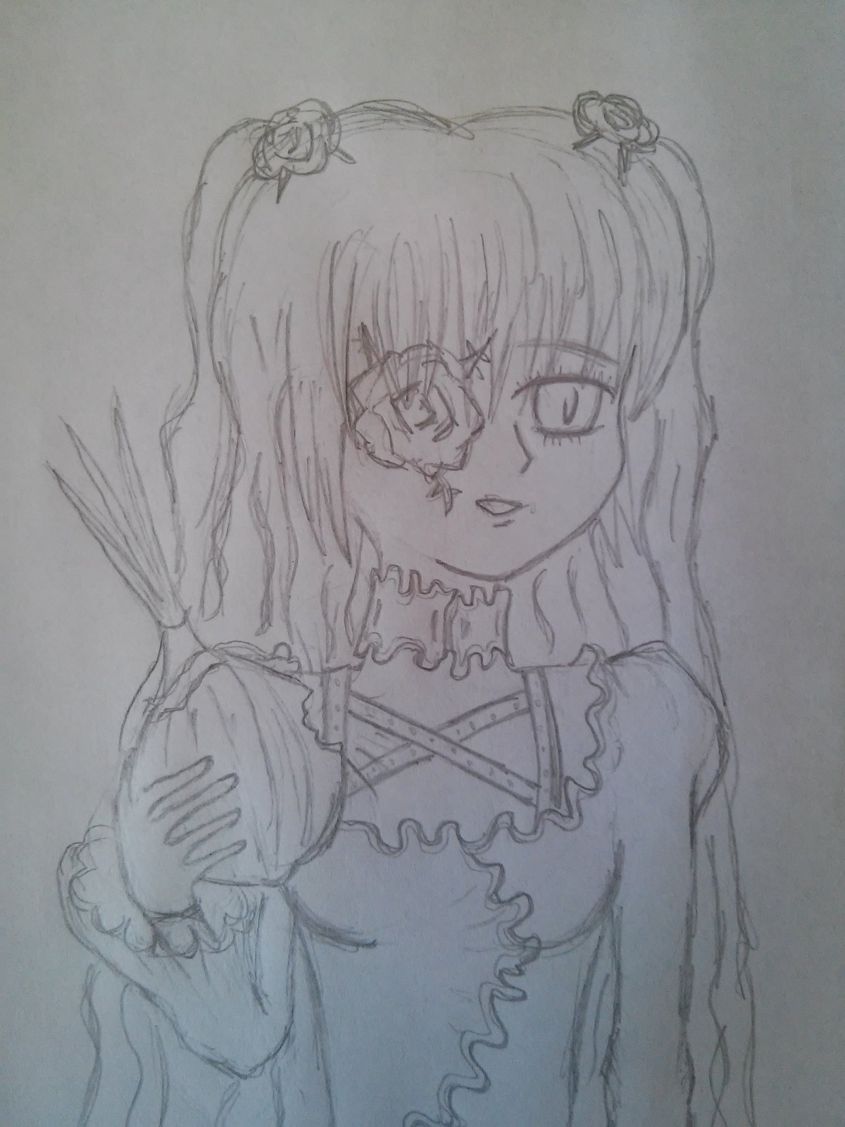 1girl dress flower greyscale hair_ornament holding image kirakishou long_hair long_sleeves looking_at_viewer monochrome solo traditional_media upper_body
