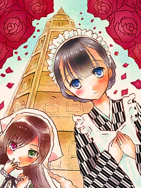 2girls apron black_hair blue_eyes blush braid brown_hair eyebrows_visible_through_hair flower green_eyes hands_clasped hands_together heterochromia image japanese_clothes kiku long_hair looking_at_viewer maid_headdress multiple_girls own_hands_together petals pink_flower pink_rose purple_rose red_flower red_rose rose rose_petals short_hair smile solo suiseiseki traditional_media vase yellow_flower yellow_rose