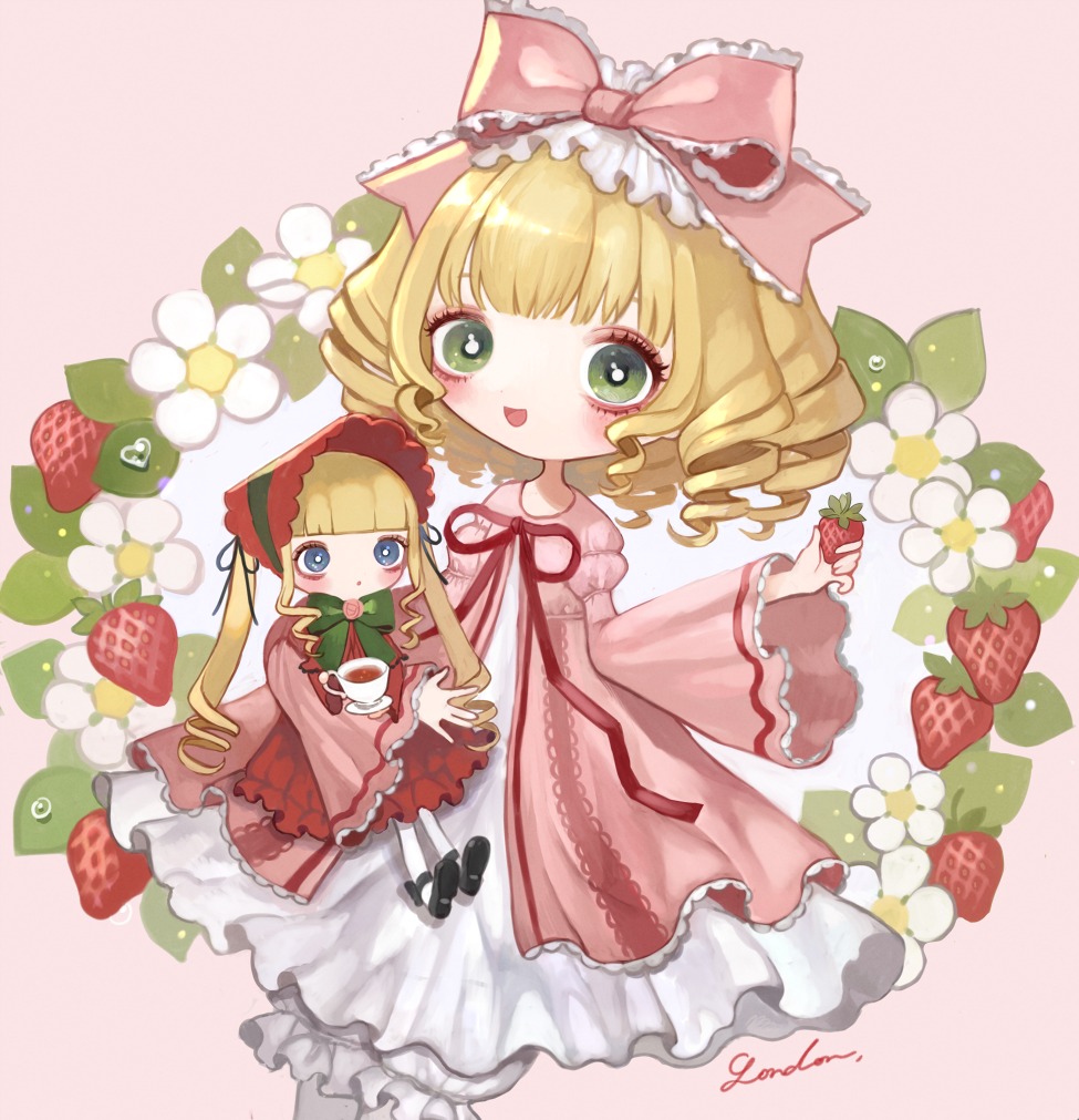 2girls artist_name blonde_hair blush bow chibi dress drill_hair flower food fruit green_eyes hina_ichigo hinaichigo holding image long_hair long_sleeves looking_at_viewer minigirl multiple_girls open_mouth pair pantyhose pink_bow pink_dress shinku shoes smile strawberry white_legwear