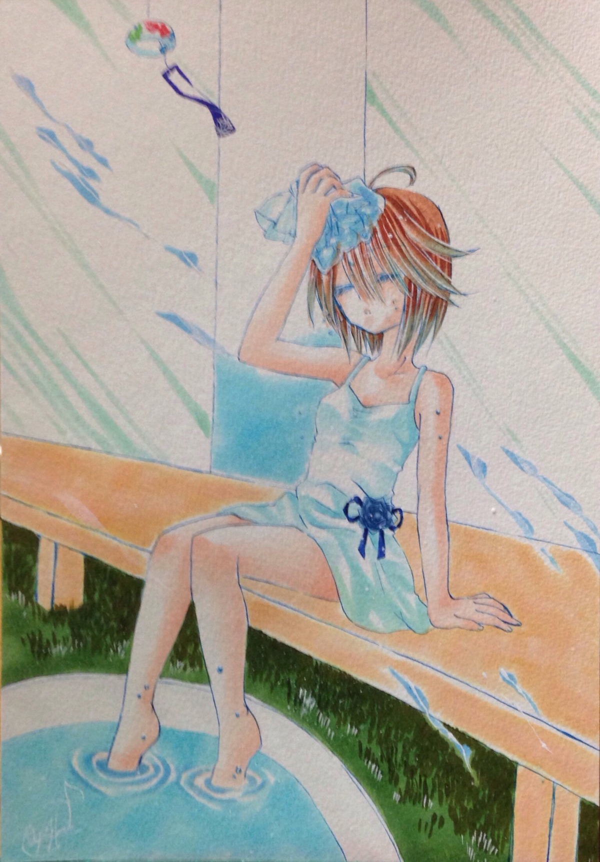 1girl barefoot brown_hair closed_eyes dress image short_hair sitting soaking_feet solo souseiseki traditional_media water watercolor_(medium)