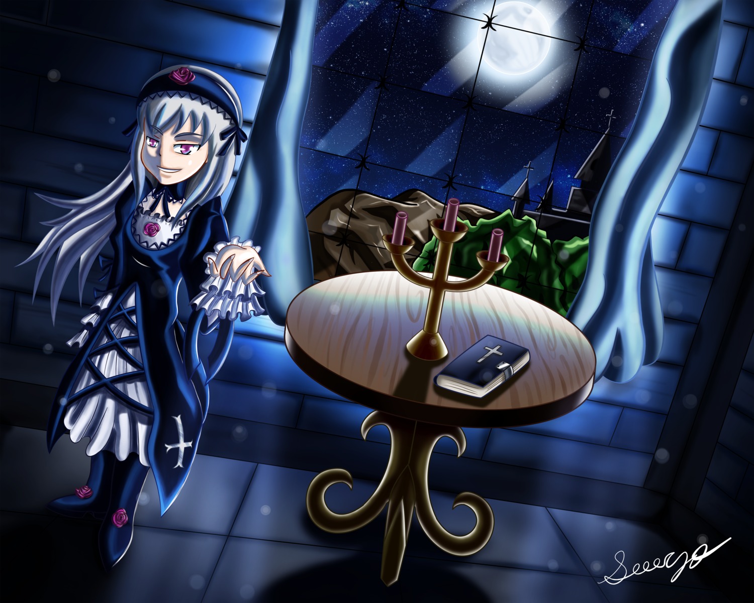 1girl black_dress dress frills full_moon gothic_lolita grin hairband image lolita_fashion long_hair long_sleeves moon night pink_eyes purple_eyes silver_hair smile solo star_(sky) starry_sky suigintou window wings