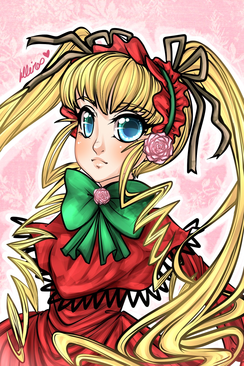 1girl blonde_hair blue_eyes bonnet bow bowtie dress flower green_bow green_neckwear hair_ribbon image long_hair looking_at_viewer pink_background pink_rose red_dress ribbon rose shinku sidelocks solo twintails