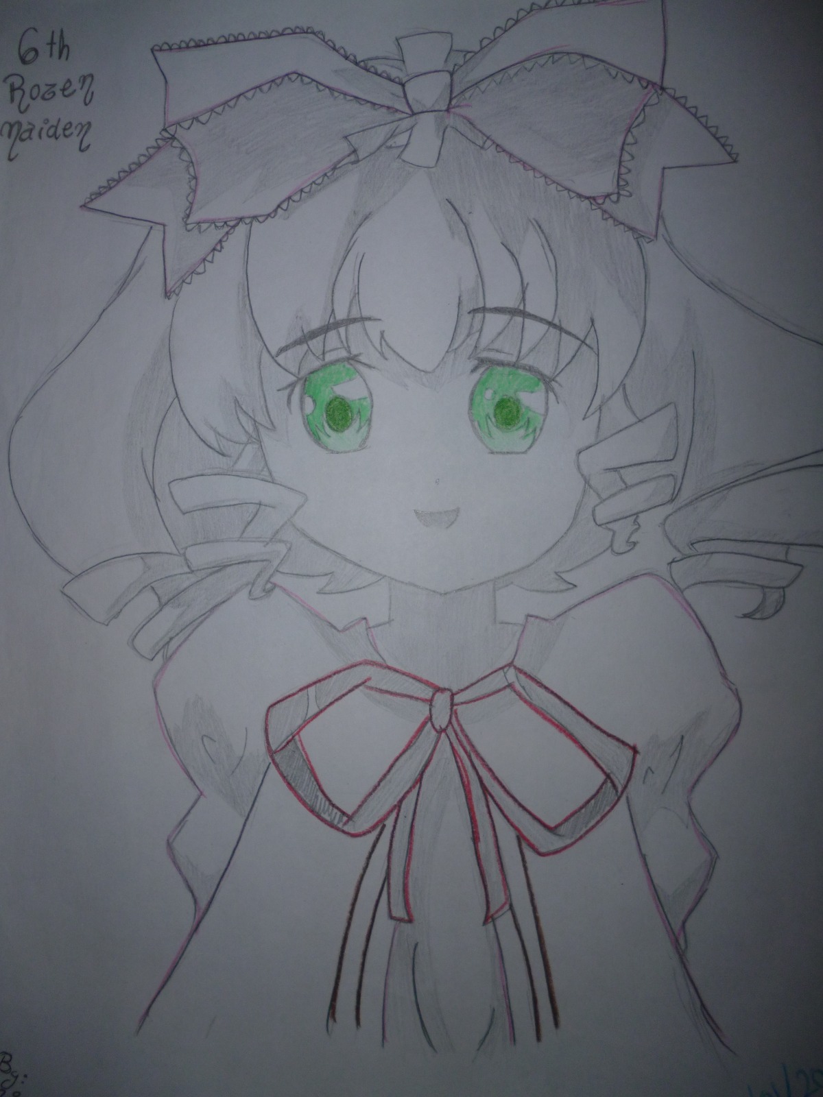 1girl artist_name bow dated dress drill_hair eyebrows_visible_through_hair green_eyes hina_ichigo hinaichigo image long_hair looking_at_viewer monochrome open_mouth photo ribbon signature simple_background smile solo traditional_media