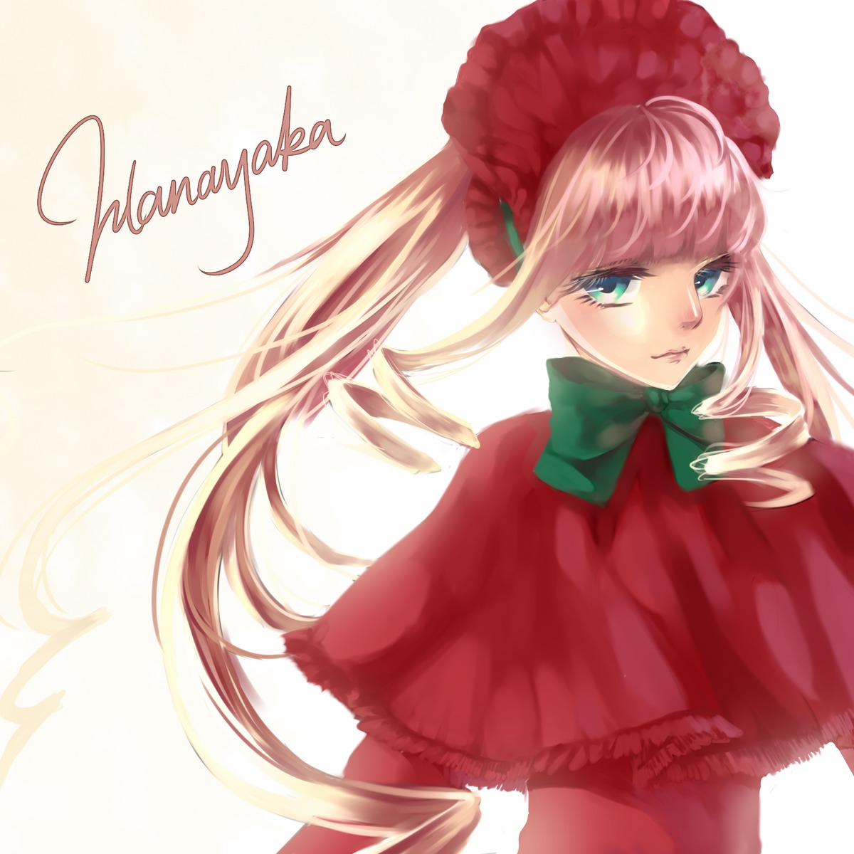 1girl auto_tagged bangs blonde_hair blue_eyes bonnet bow bowtie capelet dress drill_hair green_bow green_neckwear hat image long_hair long_sleeves looking_at_viewer red_capelet shinku solo twintails upper_body very_long_hair