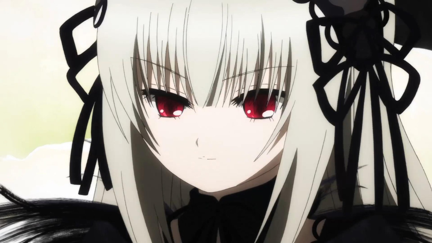 1girl bangs black_dress black_ribbon black_wings closed_mouth dress eyebrows_visible_through_hair hair_ribbon image long_hair looking_at_viewer red_eyes ribbon silver_hair simple_background solo suigintou