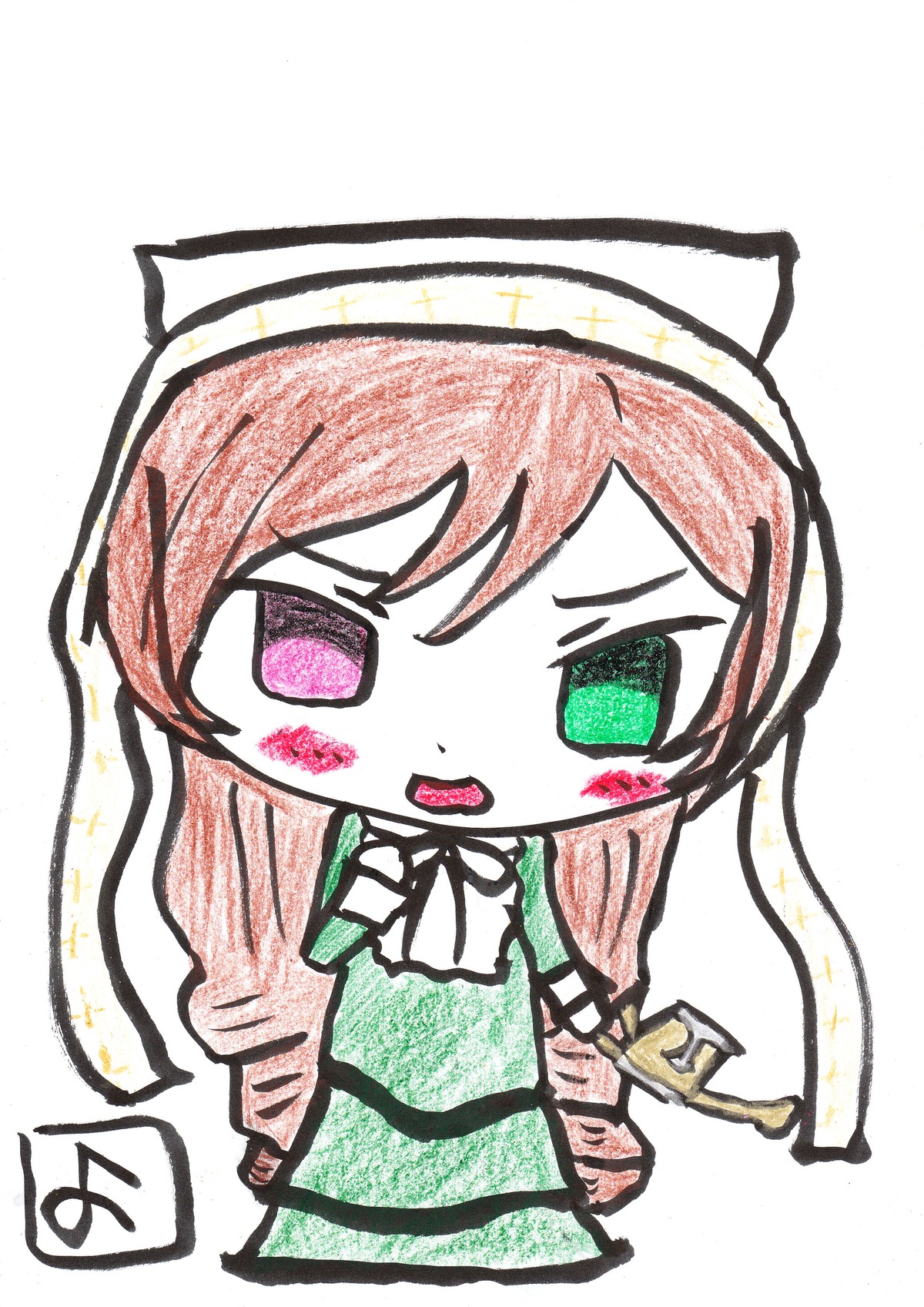 1girl ahoge chibi dress green_dress green_eyes image long_hair long_sleeves open_mouth pink_hair simple_background solo suiseiseki white_background