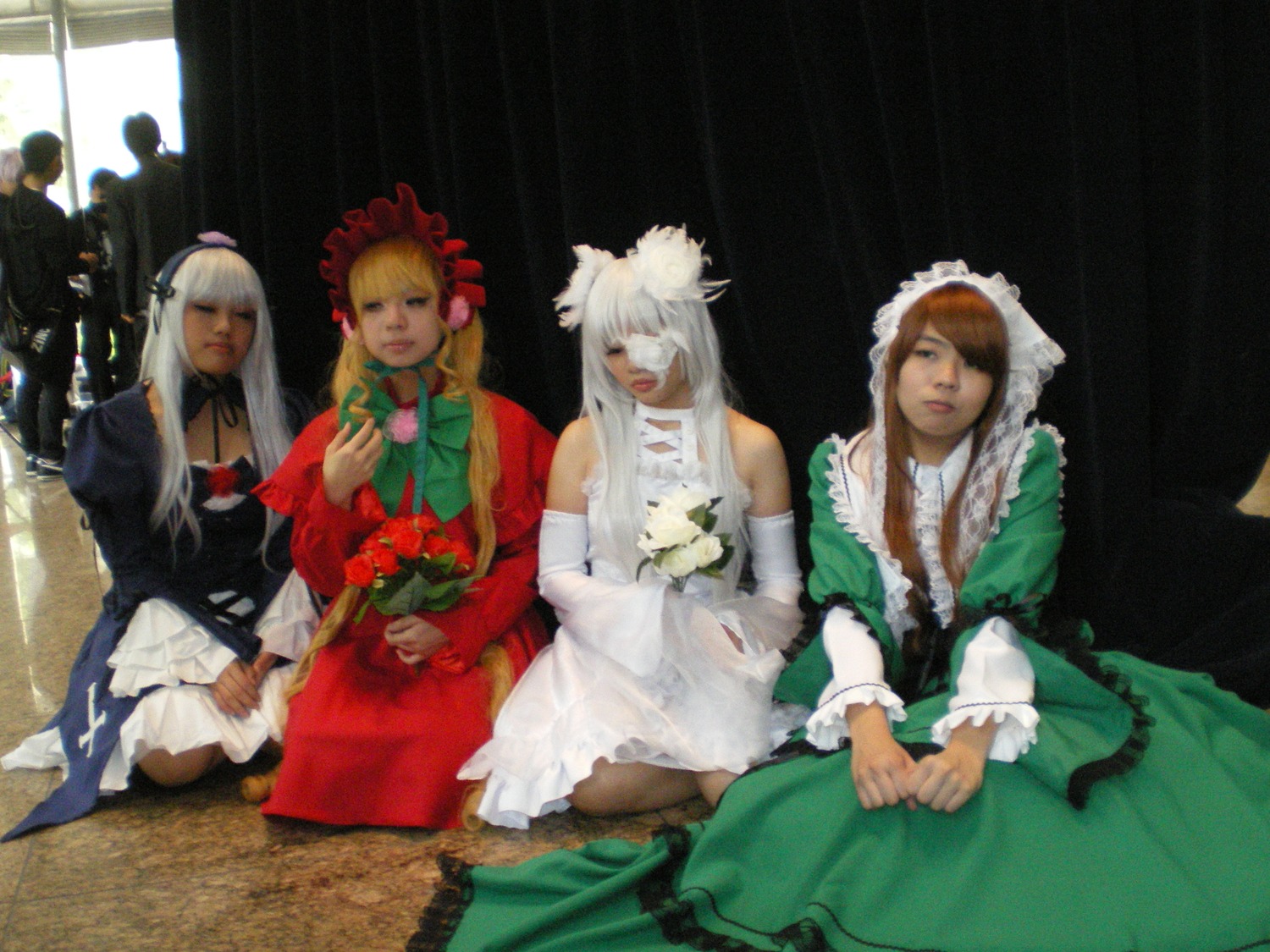 4girls blonde_hair brown_hair closed_eyes dress flower green_dress long_hair maid multiple_cosplay multiple_girls shinku silver_hair sitting tagme white_hair