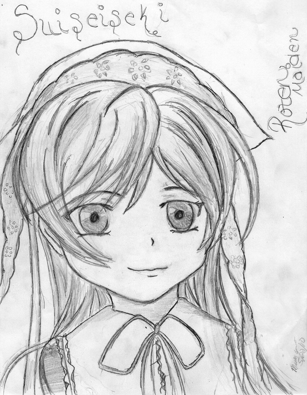 1girl artist_name bangs closed_mouth dated eyebrows_visible_through_hair graphite_(medium) greyscale hat image long_hair looking_at_viewer monochrome neck_ribbon ribbon signature smile solo suiseiseki traditional_media