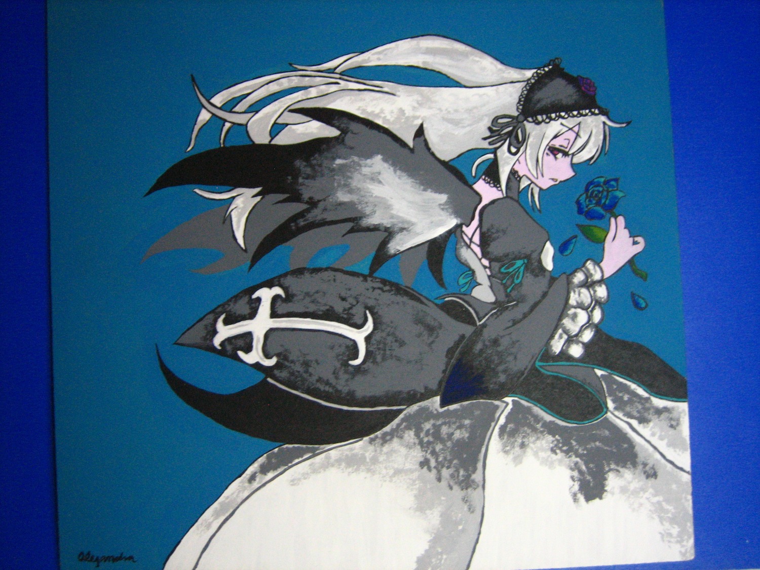 1girl black_dress dress flower frilled_sleeves frills hairband image juliet_sleeves lolita_hairband long_hair long_sleeves profile puffy_sleeves ribbon rose silver_hair solo suigintou very_long_hair wide_sleeves wings