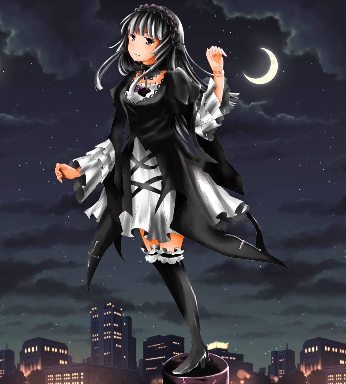 1girl black_hair city cloud crescent_moon gothic_lolita image long_hair moon night night_sky sky solo star_(sky) starry_sky suigintou thighhighs