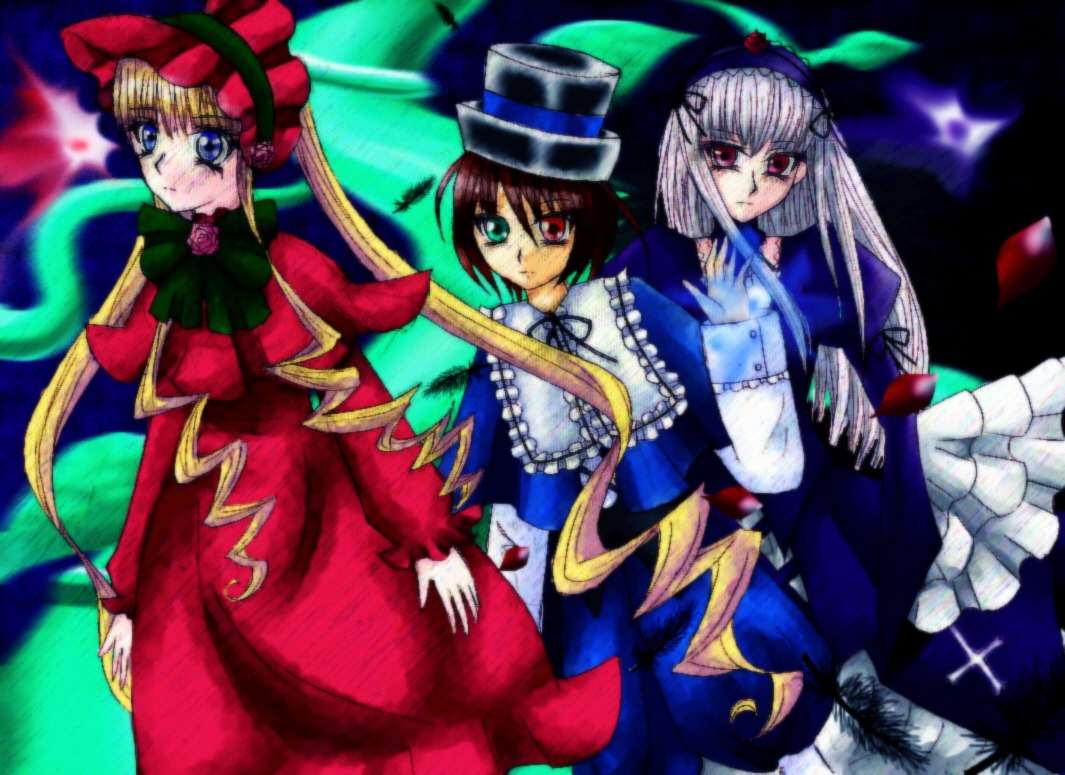 3girls blonde_hair blue_dress blue_eyes bow brown_hair dress frills hat image long_hair long_sleeves looking_at_viewer multiple multiple_girls red_dress red_eyes shinku silver_hair standing tagme top_hat twintails very_long_hair wings