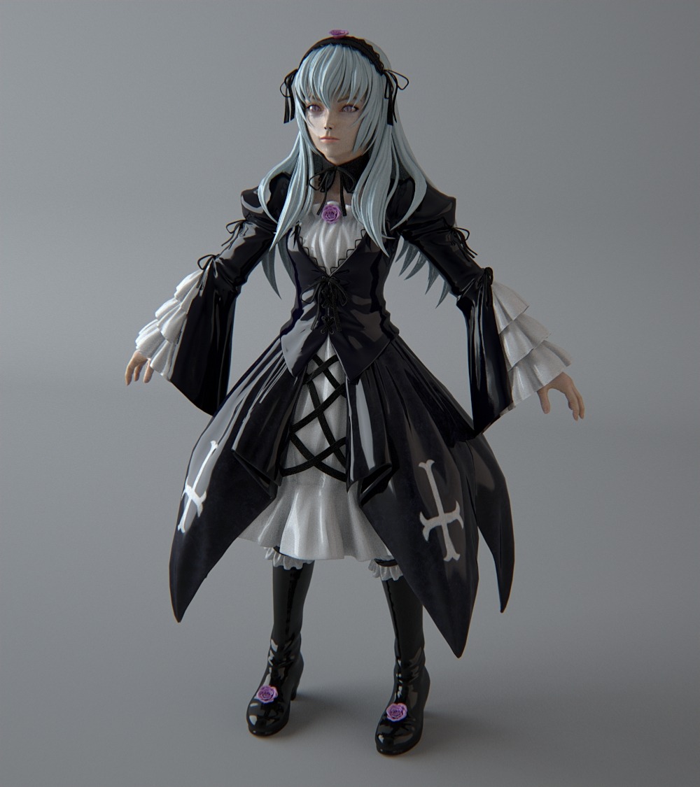 1girl closed_mouth cross-laced_clothes dress flower frilled_sleeves frills full_body gothic_lolita grey_background hairband image long_hair long_sleeves looking_at_viewer rose silver_hair solo standing suigintou