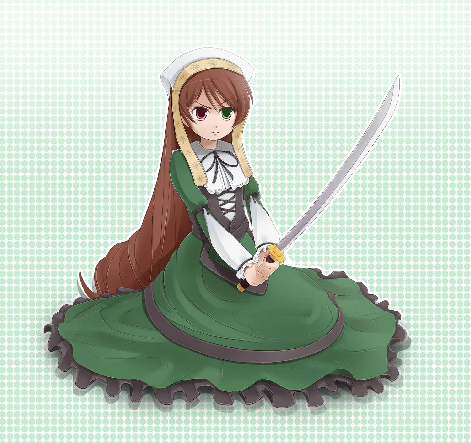 1girl brown_hair dress frills green_dress green_eyes halftone halftone_background heterochromia image long_hair long_sleeves looking_at_viewer polka_dot polka_dot_background polka_dot_dress red_eyes serious solo suiseiseki very_long_hair