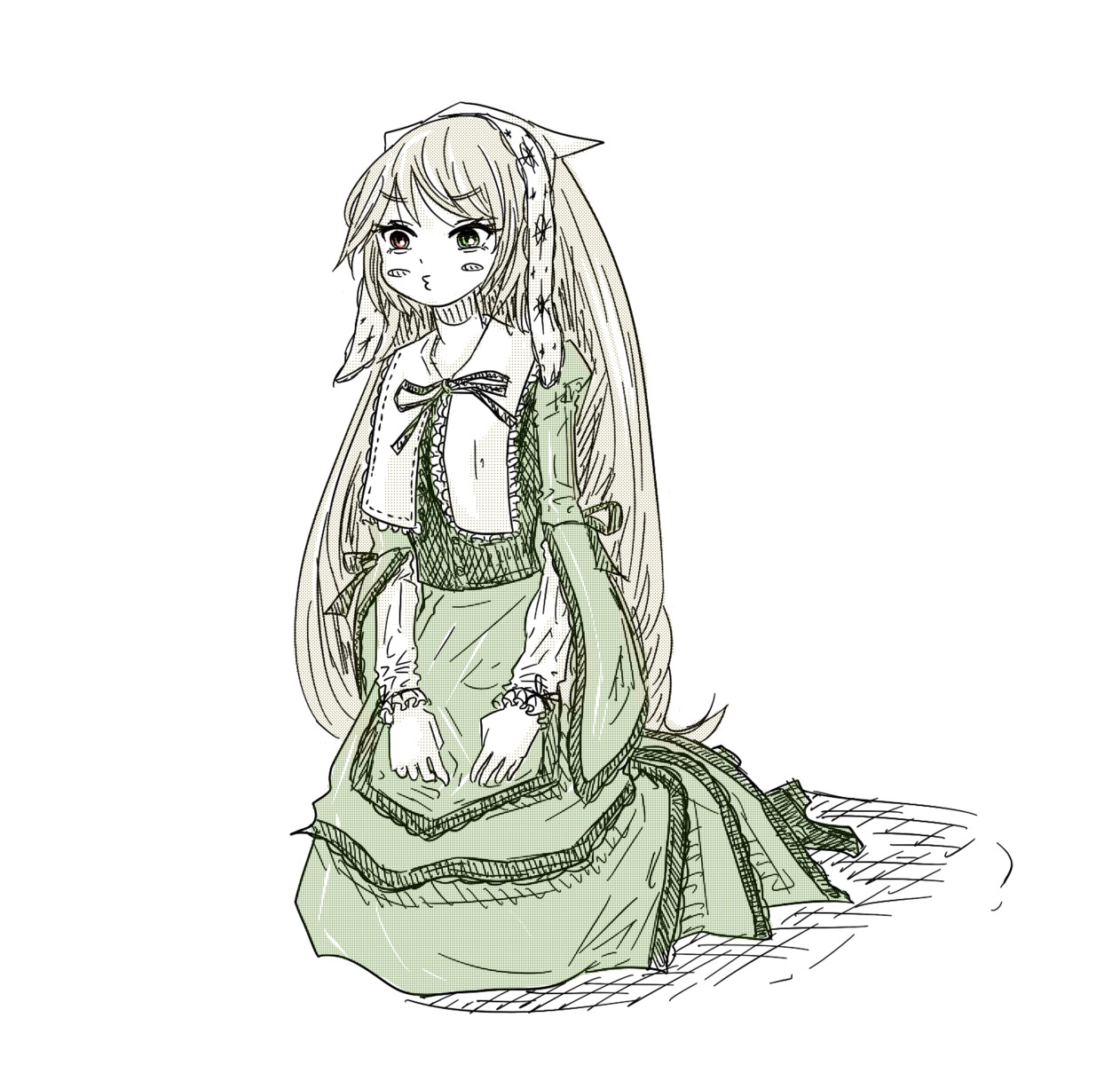 1girl dress image long_hair long_sleeves monochrome simple_background sitting solo suiseiseki very_long_hair white_background