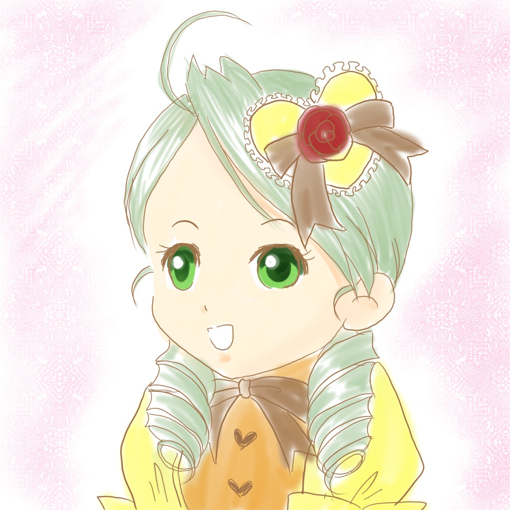 1girl ahoge bow drill_hair flower green_eyes green_hair image kanaria open_mouth ribbon rose smile solo twin_drills