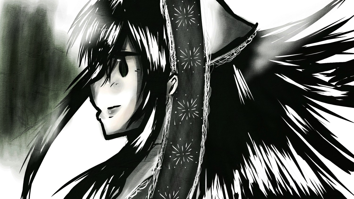 1girl black_hair greyscale image japanese_clothes kimono long_hair monochrome solo suiseiseki
