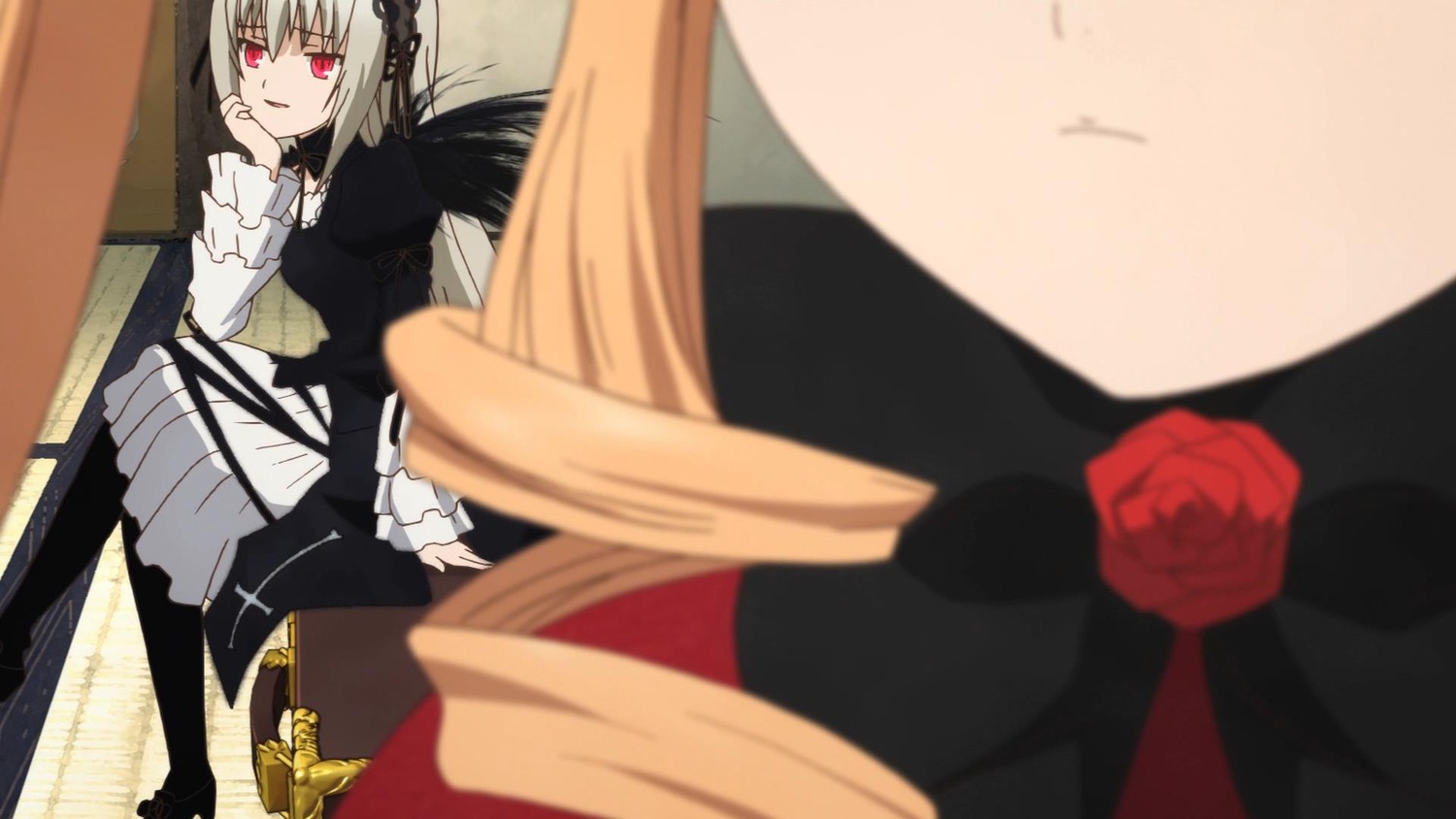 1girl blonde_hair blurry blurry_foreground depth_of_field dress flower frills hairband image lolita_fashion long_hair long_sleeves looking_at_viewer pair red_eyes red_flower red_rose ribbon rose shinku silver_hair suigintou wings
