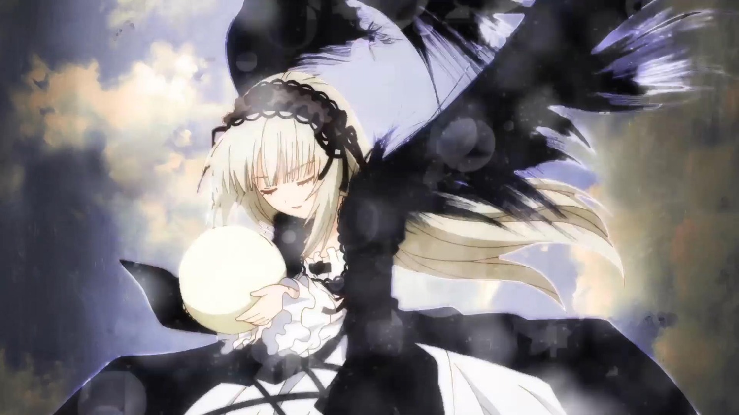 1girl bangs black_dress black_ribbon black_wings closed_eyes closed_mouth dress floating_hair flower frilled_sleeves frills gothic_lolita hairband image lolita_fashion long_hair long_sleeves ribbon rose silver_hair smile solo suigintou very_long_hair wings