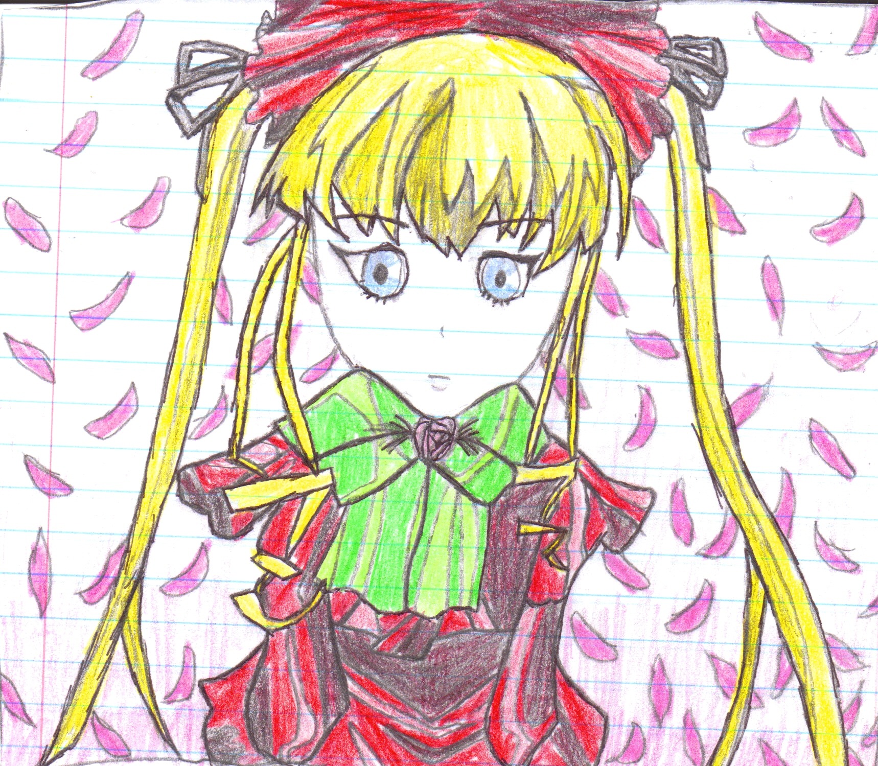 1girl blonde_hair blue_eyes blush cherry_blossoms dress image long_hair marker_(medium) petals pink_flower ribbon rose rose_petals shinku solo tears traditional_media twintails watercolor_(medium)
