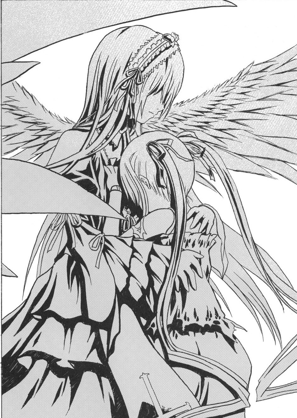 2girls akemi_homura akuma_homura bare_shoulders dress feathered_wings gloves greyscale hair_ribbon image long_hair long_sleeves monochrome multiple_girls ribbon shinku simple_background solo suigintou very_long_hair white_background wings
