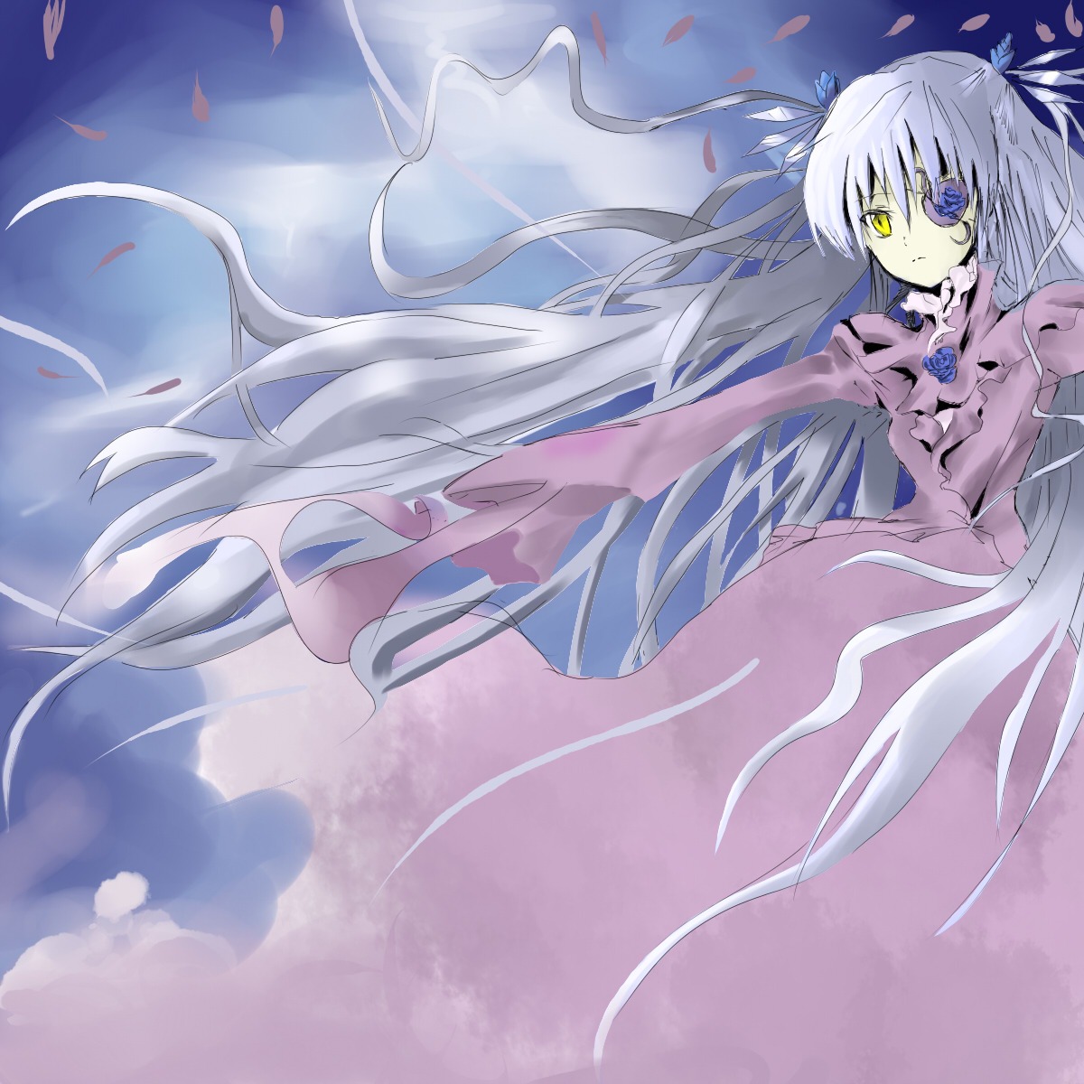 1girl barasuishou cherry_blossoms cloud dress flower hair_ribbon image long_hair long_sleeves petals pink_dress ribbon rose silver_hair sky solo very_long_hair yellow_eyes