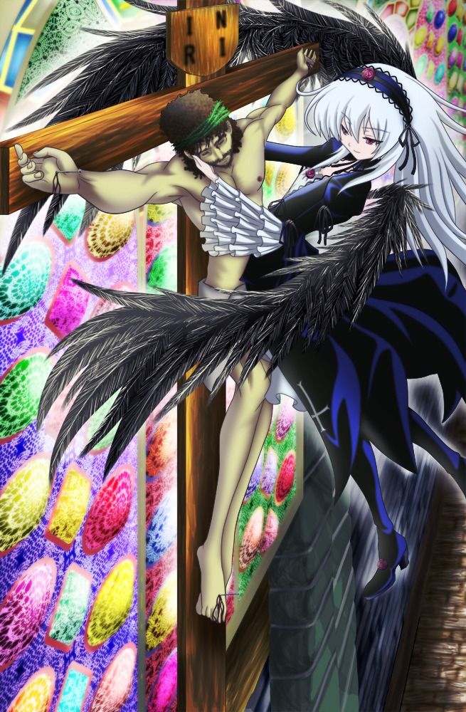 1boy 1girl bad_id bad_pixiv_id black_wings blood cross dress feathered_wings feathers frills hairband image jesus lolita_hairband long_hair photoshop_(medium) purple_eyes rozen_maiden silver_hair solo stained_glass suigintou wings yukihanaok