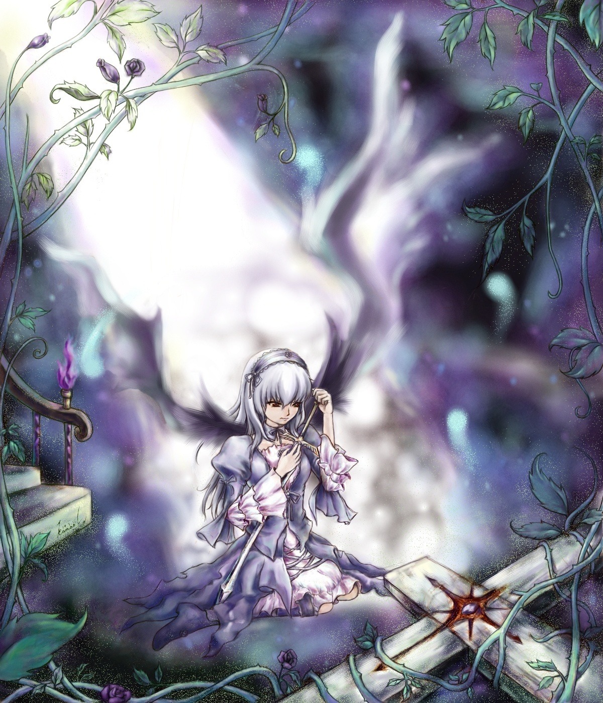 1girl dress flower frills hairband image long_hair long_sleeves plant silver_hair sitting solo suigintou vines wings