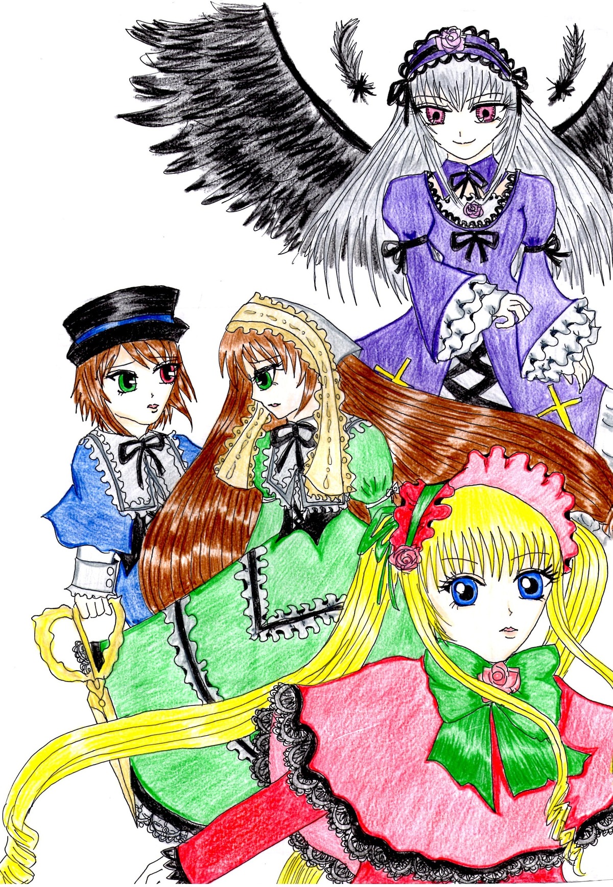 4girls black_wings blonde_hair blue_eyes brown_hair dress flower frills green_eyes hairband hat image long_hair long_sleeves looking_at_viewer multiple multiple_girls shinku short_hair simple_background smile souseiseki suigintou suiseiseki tagme very_long_hair wings