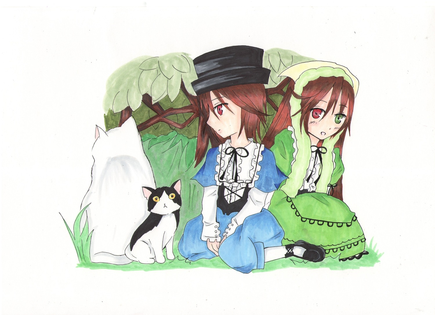 2girls auto_tagged blue_dress brown_hair cat dress green_dress green_eyes hat heterochromia image long_hair long_sleeves multiple_girls pair red_eyes short_hair siblings sisters souseiseki suiseiseki twins watering_can
