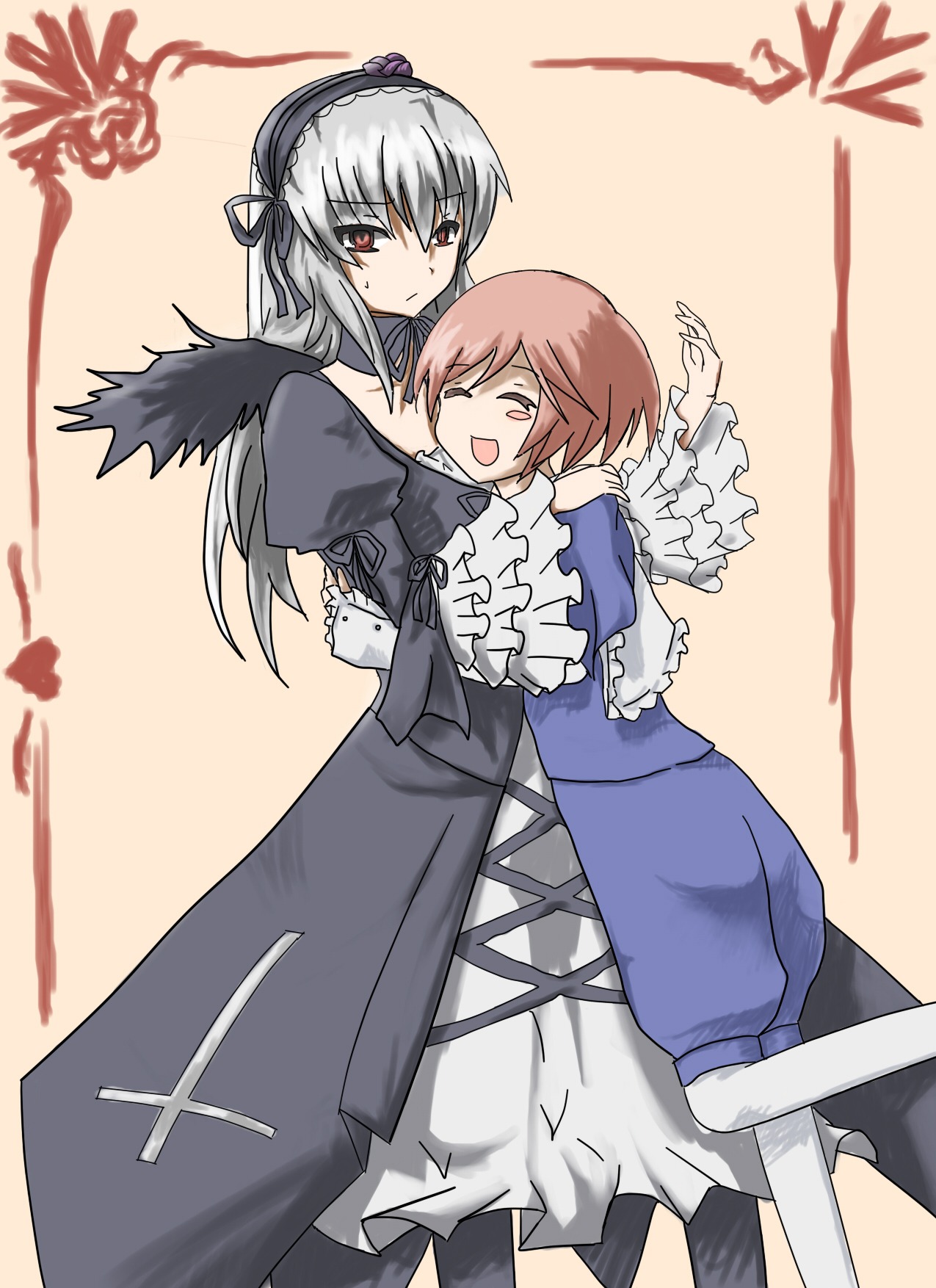 2girls black_wings closed_eyes dress frilled_sleeves frills hairband hug image long_hair long_sleeves multiple_girls open_mouth pair red_eyes short_hair silver_hair smile souseiseki suigintou wings